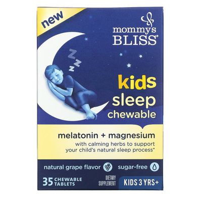 Жувальні таблетки для сну для дітей мелатонін + магній для дітей віком від 3 років натуральний виноград Mommy's Bliss (Kids Sleep Chewable Melatonin + Magnesium Kids 3 Yrs+) 35 жувальних таблеток