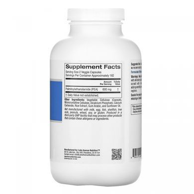PEA (Palmitoylethanolamide), PEA (Palmitoylethanolamide), Lake Avenue Nutrition, 600 mg, 365 Vegetarian Capsules