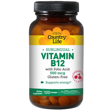 Вітамін В-12 і фолієва кислота Country Life (Vitamin B12) зі смаком вишні 500 мкг / 400 мкг 100 льодяників зі смаком вишні