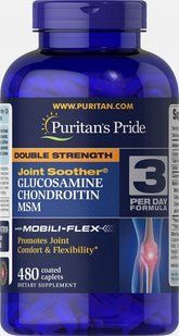 Двойная сила Joint Soother&reg; глюкозамина, хондроитина и MSM, Double Strength Glucosamine, Chondroitin & MSM Joint Soother&reg;, Puritan's Pride, 480 таблеток купить в Киеве и Украине