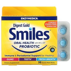 Enzymedica, Пробіотик для здоров'я ротової порожнини Digest Gold Smiles, 30 м'ятних цукерок швидкого приготування
