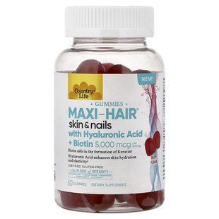 Country Life, Maxi-Hair&reg;, жевательные таблетки для кожи и ногтей, с гиалуроновой кислотой и биотином, со вкусом ягод, 60 жевательных таблеток купить в Киеве и Украине