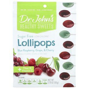 Dr. John's Healthy Sweets, Леденцы на палочке, + клетчатка и витамин C, голубая малина, виноград и вишня, без сахара, 105 г (3,7 унции) купить в Киеве и Украине