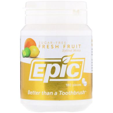 Підсолоджені 100% -ним ксилітом м'ятні таблетки зі смаком свіжих фруктів, Epic Dental, 180 шт