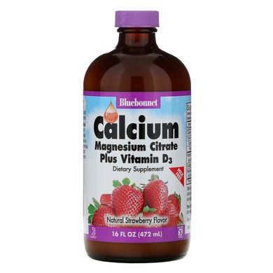 Кальцій магній і вітамін D3 Bluebonnet Nutrition (Calcium Magnesium Citrate Plus Vitamin D3) 472 мл зі смаком полуниці