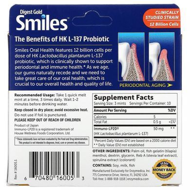 Enzymedica, Пробіотик для здоров'я ротової порожнини Digest Gold Smiles, 30 м'ятних цукерок швидкого приготування