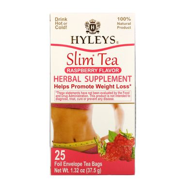 Тонкий чай, зі смаком малини, Slim Tea, Raspberry Flavor, Hyleys Tea, 25 чайних пакетиків в фольгових конвертах, 1,32 унції (37,5 г)