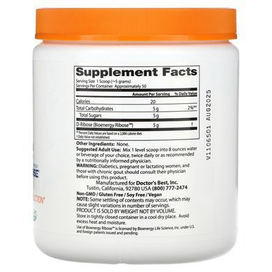 Чистая D-рибоза в порошке, Pure D-Ribose Powder with Bioenergy Ribose, Doctor's Best, 250 г