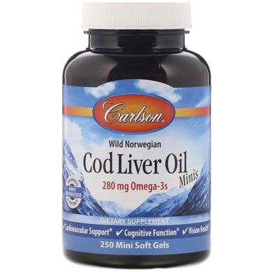 Норвезький риб'ячий жир Carlson Labs (Cod Liver Oil) 280 мг 250 міні гелевих капсул