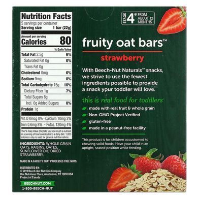 Beech-Nut, Naturals, Fruit oat bars, stage 4, strawberry, 5 bars, per 0.78 ounces (22 g) each.