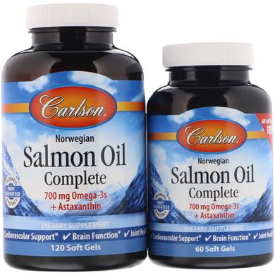 Повноцінний норвезький лососевий жир Salmon Oil Complete, Carlson Labs, 120 м'яких таблеток + 60 таблеток безкоштовно