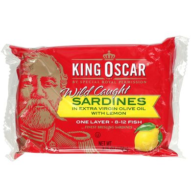 King Oscar, Wild Caught, сардини в оливковій олії першого віджиму з лимоном, 3,75 унції (106 г)