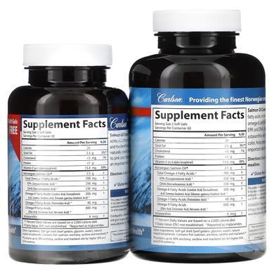 Full Norwegian salmon fat Salmon Oil Complete, Carlson Labs, 120 softgels + 60 tablets for free.