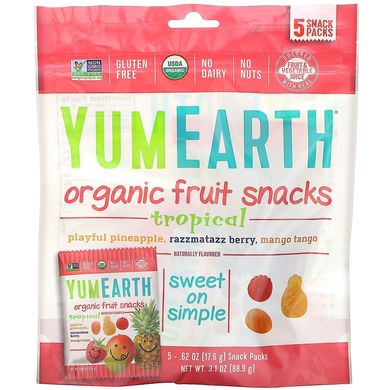 Органічні фруктові снеки, тропічні фрукти, YumEarth, 5 упаковок, 17,6 г в кожній
