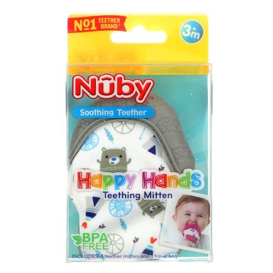 Nuby, Заспокійливий прорізувач, рукавиці для прорізування зубів Happy Hands, ведмеді, 3+ M, набір з 2 предметів