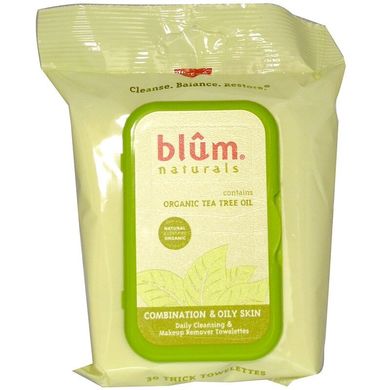 Ежедневные очищающие салфетки для снятия макияжа для жирной и комбинированной кожи, чайное дерево, Blum Naturals, 30 салфеток
