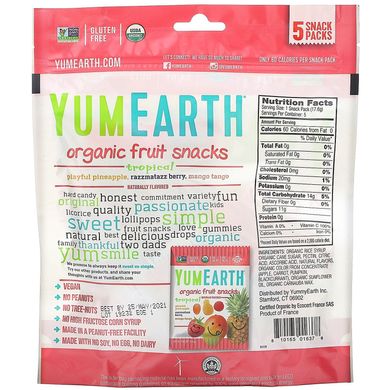 Органічні фруктові снеки, тропічні фрукти, YumEarth, 5 упаковок, 17,6 г в кожній