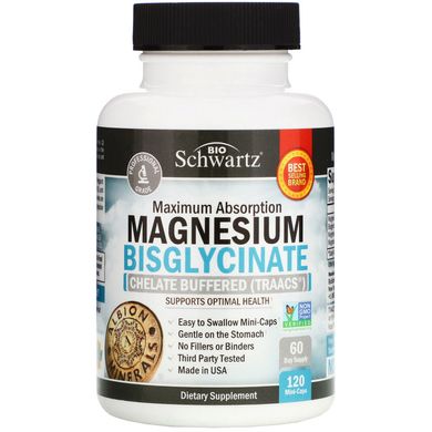 Максимальне поглинання бісгліцината магнію, Maximum Absorption Magnesium Bisglycinate, BioSchwartz, 120 вегетаріанських капсул