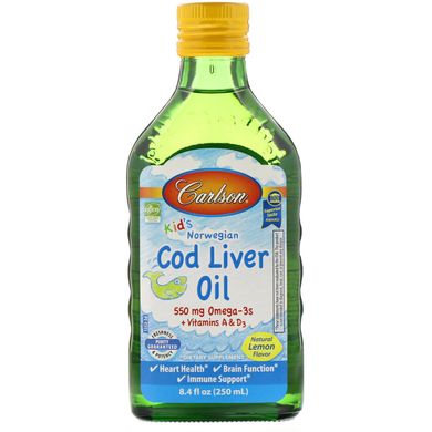 Риб'ячий жир рідкий з печінки тріски для дітей зі смаком лимона Carlson Labs (Cod liver oil) 250 мл