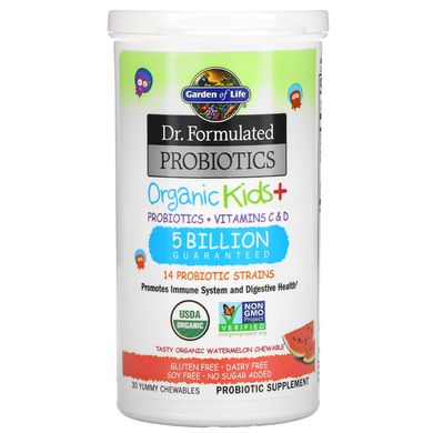 Garden of Life, Пробіотична добавка Dr Formulated Probiotics, Organic Kids +, пробіотики і вітаміни C і D, 5 млрд, смачний органічний кавун, 30 смачних жувальних драже