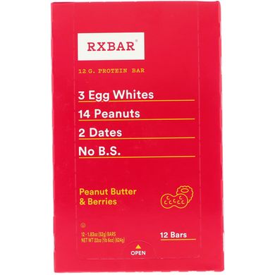 Протеиновый батончик, арахисовое масло и ягоды, RXBAR, 12 батончиков, 1,83 унции (52 г) каждый купить в Киеве и Украине