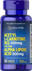Ацетил L-карнітин з Альфа-ліпоєвої кислотою, Acetyl L-Carnitine with Alpha Lipoic Acid, Puritan's Pride, 400 мг / 200 мг, 30 капсул