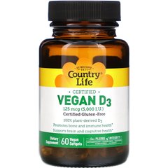 Вегетаріанський вітамін Д3 Country Life (Vegan D3) 125 мкг 5000 МО 60 капсул