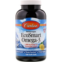 EcoSmart Омега-3, з натуральним смаком лимона, Carlson Labs, 180 м'яких капсул