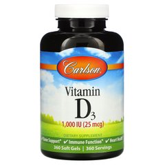 Carlson Labs, Вітамін D3, 25 мкг (1000 МО), 360 м'яких таблеток