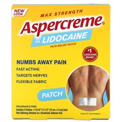 Aspercreme, Знеболюючий пластир з 4% лідокаїном, максимальна сила, без ароматів, 5 пластирів (10 см x 14 см) кожен