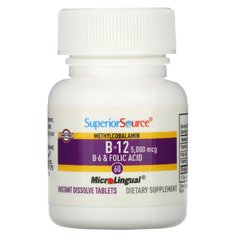 Метилкобаламін B12, 5000 мкг, B-6 і фолієва кислота 800 мкг, Superior Source, 60 таблеток МікроЛінгвал