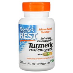 Куркума плюс пажитник, Enhanced Bioavailability Turmeric Plus Fenugreek, Doctor's Best, 500 мг, 90 вегетаріанських капсул
