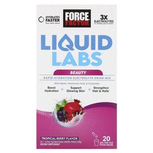 Force Factor, Liquid Labs&trade; Beauty, Rapid Hydration Electrolyte Drink Mix, Tropical Berry, 20 Stick Packs, 0.25 oz (7 g) Each купить в Киеве и Украине