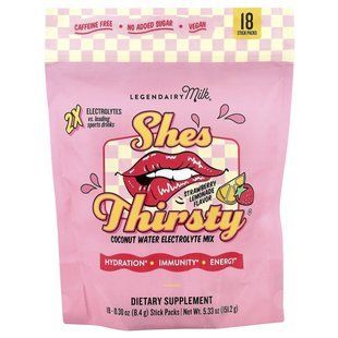 Legendairy Milk, She's Thirsty&reg;, Coconut Water Electrolyte Mix, Strawberry Lemon, 18 Stick Packs, 0.30 oz (8.4 g) Each