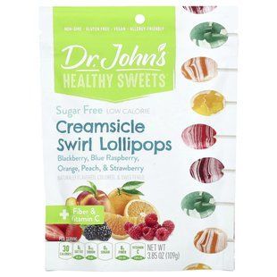 Dr. John's Healthy Sweets, Леденцы на палочке Creamsicle Swirl, + клетчатка и витамин C, ежевика, голубая малина, апельсин, персик и клубника, без сахара, 109 г (3,85 унции) купить в Киеве и Украине