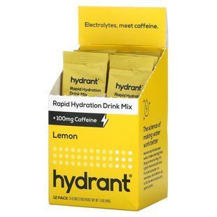 Hydrant, Quick Hydration Drink Mix + 100 mg Caffeine, Lemon, 12 packets, 0.28 ounces (7.8 g) each.