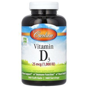Carlson Labs, Витамин D3, 25 мкг (1000 МЕ), 360 мягких таблеток купить в Киеве и Украине