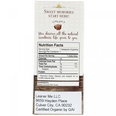 Органический кокосовый сахар, Organic, Coconut Sugar, Leaner Creamer, 20 индивидуальных упаковок по 0,14 унции (4 г) каждый купить в Киеве и Украине