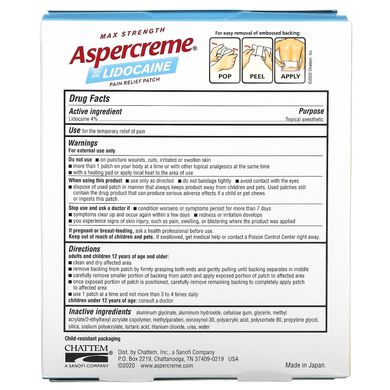 Aspercreme, Обезболивающий пластырь с 4% лидокаином, максимальная сила, без отдушек, 5 пластырей (10 см x 14 см) каждый купить в Киеве и Украине