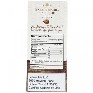 Органический кокосовый сахар, Organic, Coconut Sugar, Leaner Creamer, 20 индивидуальных упаковок по 0,14 унции (4 г) каждый купить в Киеве и Украине