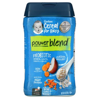 Gerber, Powerblend Cereal for Baby, вівсяна каша з пробіотиками, сочевиця, морква та яблука, засіб для повзання, від 8 місяців, 8 унцій (227 г)