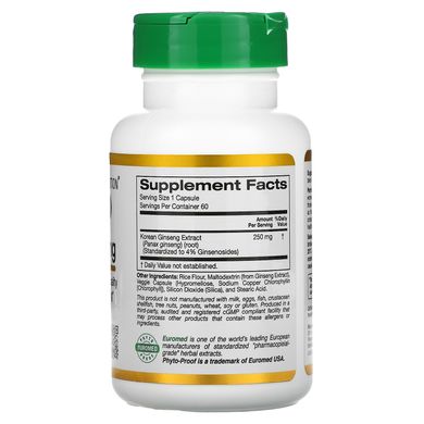 Екстракт женьшеню California Gold Nutrition (Panax Ginseng Extract EuroHerbs European Quality) 250 мг 60 капсул