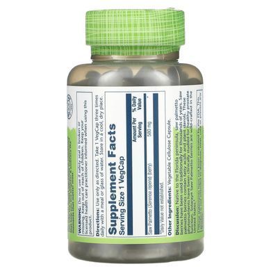 Со Пальметто, цілісні ягоди сереноя, Saw Palmetto Whole Berry, Solaray, 180 капсул