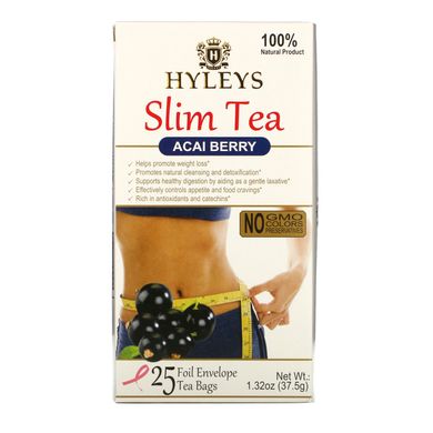 Тонкий чай, Ягоди асаї, Slim Tea, Acai Berry, Hyleys Tea, 25 чайних пакетиків в фольгованих конвертах по 0,05 унції (1,5 г) кожен