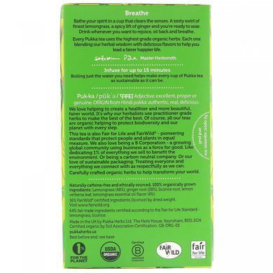 Organic Lemongrass and Ginger Blend, Caffeine-Free, 20 Herbal Tea Sachets, 36 g
