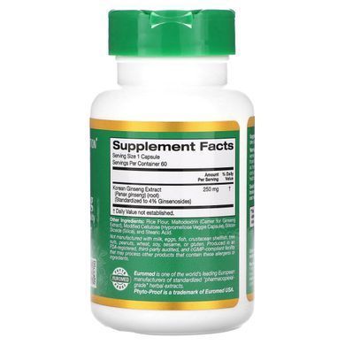 Экстракт женьшеня California Gold Nutrition (Panax Ginseng Extract EuroHerbs European Quality) 250 мг 60 капсул купить в Киеве и Украине