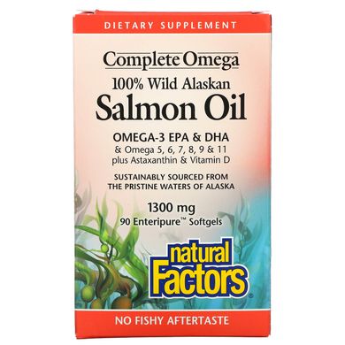 Natural Factors, 100% олія дикого аляскинського лосося, 1300 мг, 90 м'яких таблеток Enteripure