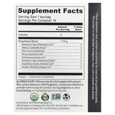 Earth Mama, Organics, 100% Organic Elderberry Immune Tea, Tart-Y Fruity Berry Burst, Caffeine Free, 16 Tea Bags, 0.98 oz (28 g)
