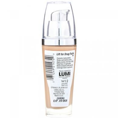 Тональна основа True Match Healthy Luminous Makeup, SPF 20, відтінок фарфор / світла слонова кістка W1-2, L'Oreal, 30 мл