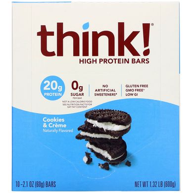Насичений протеїном батончик, печиво та вершки, ThinkThin, 10 батончиків, 2,1 унц (60 г) кожен